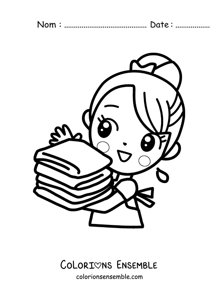 Image à colorier d’une fille kawaii portant du linge propre et plié