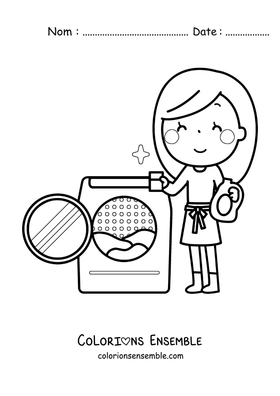Image à colorier d’une maman en dessin animé lavant le linge dans la machine à laver