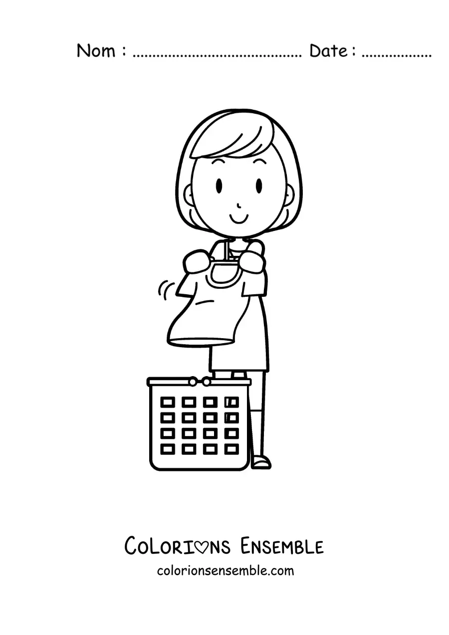Image à colorier d’une femme avec un panier de linge propre