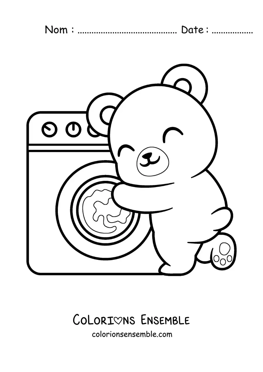Image à colorier d’un ours en dessin animé lavant le linge dans la machine à laver