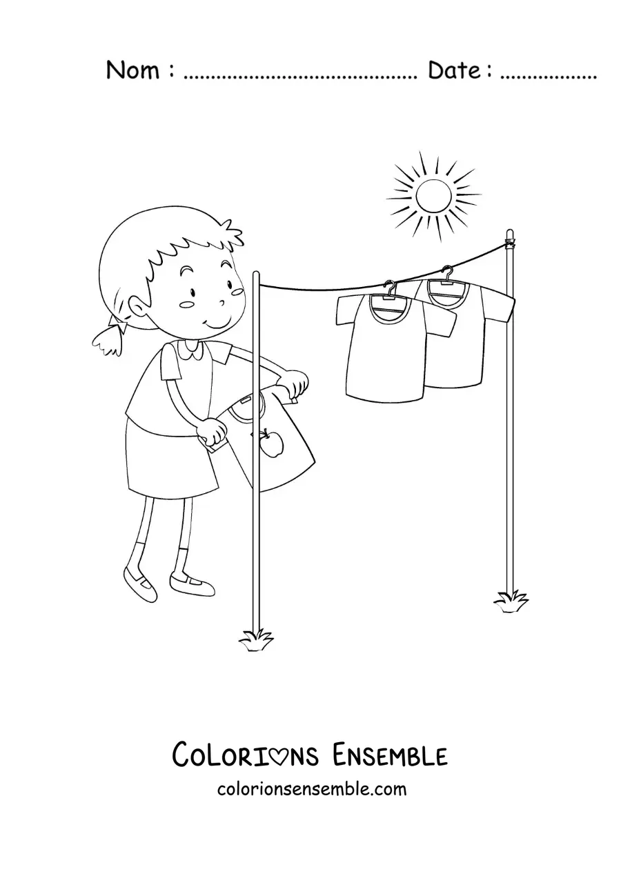 Image à colorier d’une fille en dessin animé séchant le linge au soleil sur la corde à linge