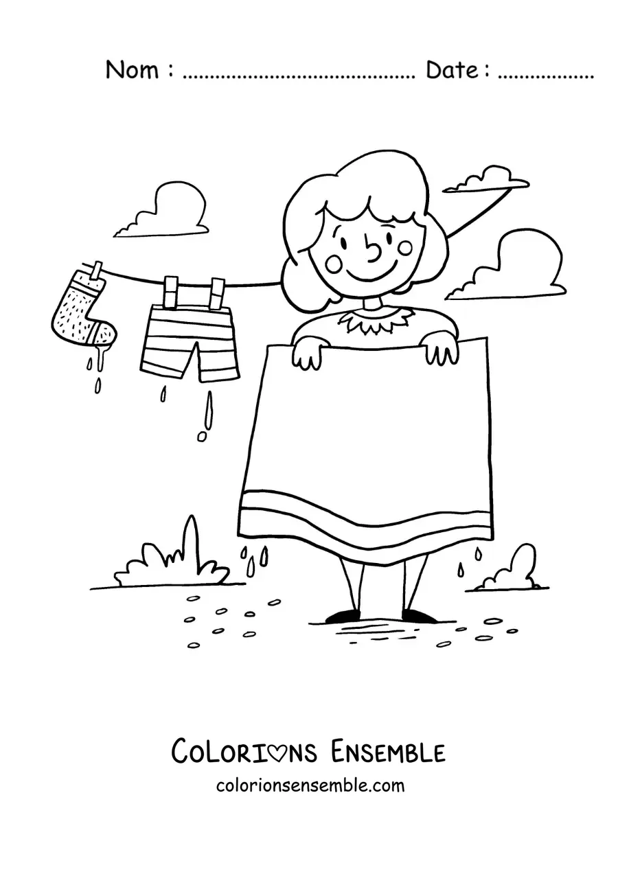 Image à colorier d’une maman suspendant le linge lavé sur la corde à linge
