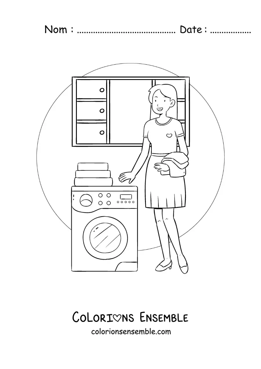 Image à colorier d’une femme au foyer lavant le linge dans la machine à laver