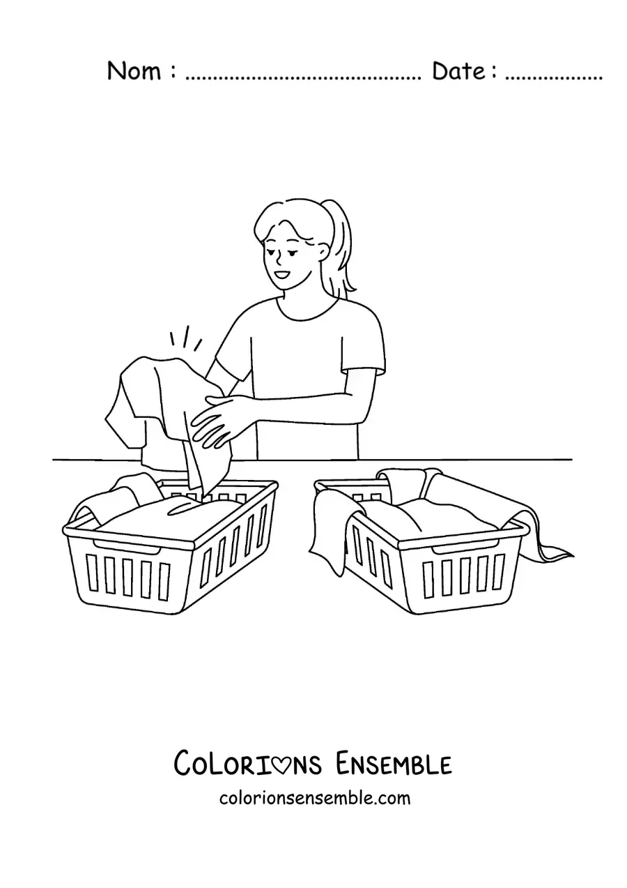 Image à colorier d’une fille triant le linge par couleurs pour le laver