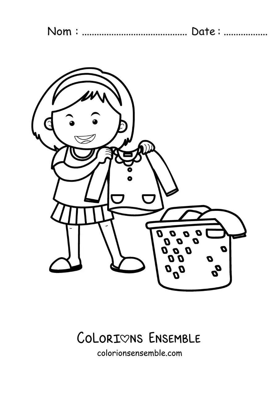 Image à colorier d’une fille ramassant le linge lavé dans un panier
