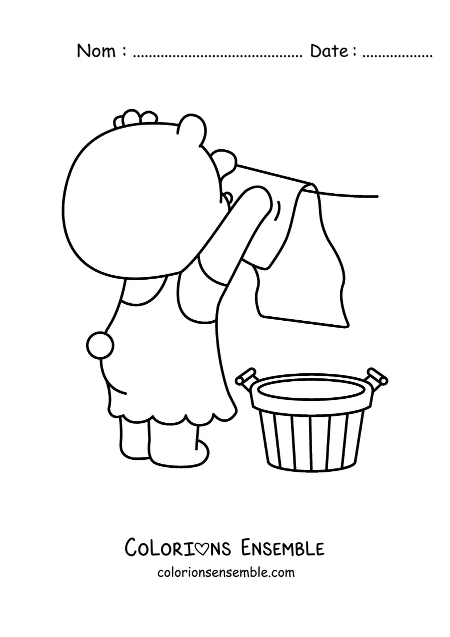 Image à colorier d’une ourse en dessin animé suspendant le linge sur une corde à linge
