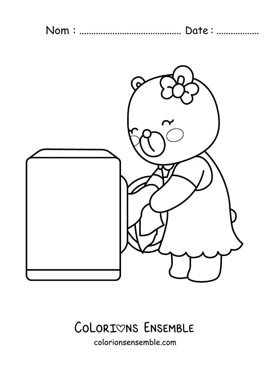 Image à colorier d’une ourse en dessin animé lavant le linge dans la machine à laver