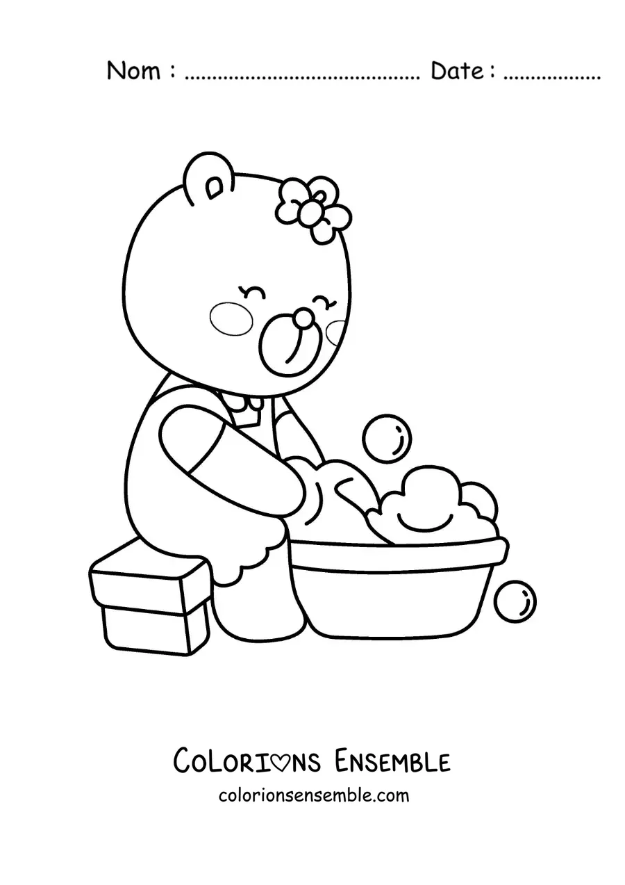 Image à colorier d’une ourse en dessin animé lavant le linge à la main