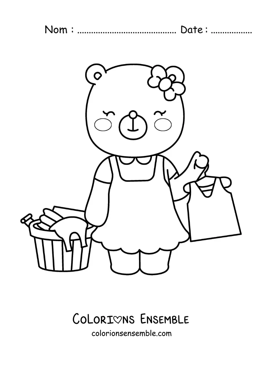Image à colorier d’une ourse en dessin animé suspendant le linge propre