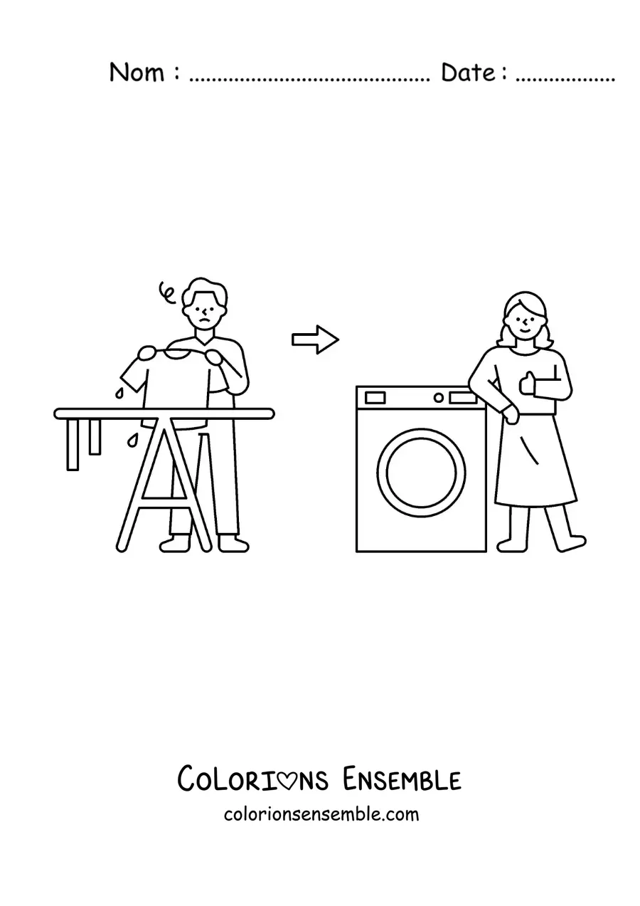 Image à colorier d’un homme étendant le linge pour le faire sécher face à une femme mettant le linge dans le sèche-linge