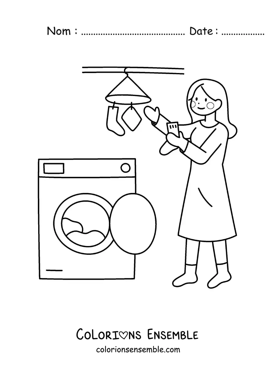 Image à colorier d’une femme sortant le linge de la machine à laver pour l’étendre