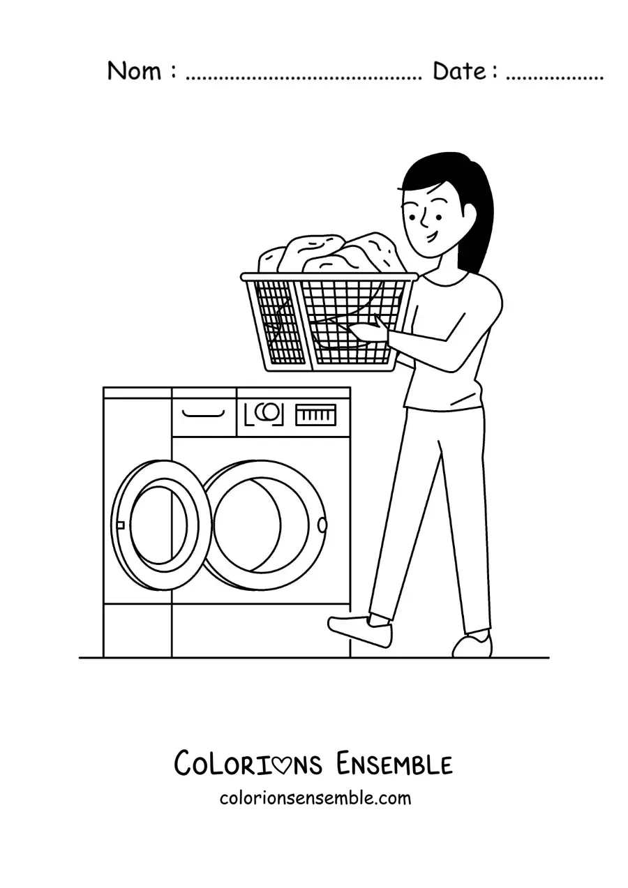 Image à colorier d’une fille apportant un panier de linge à la machine à laver