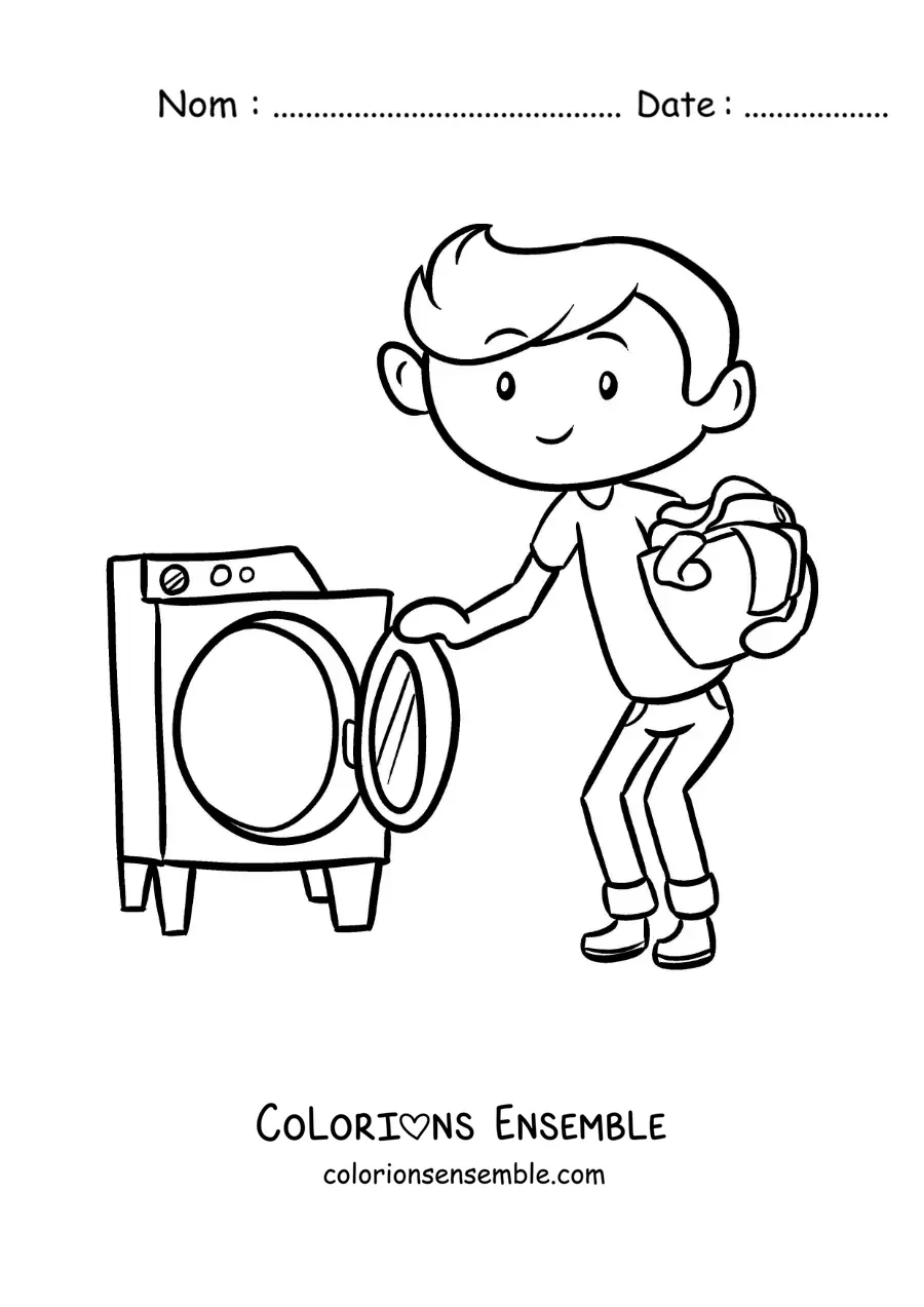 Image à colorier d’un garçon en dessin animé apportant un panier de linge à la machine à laver