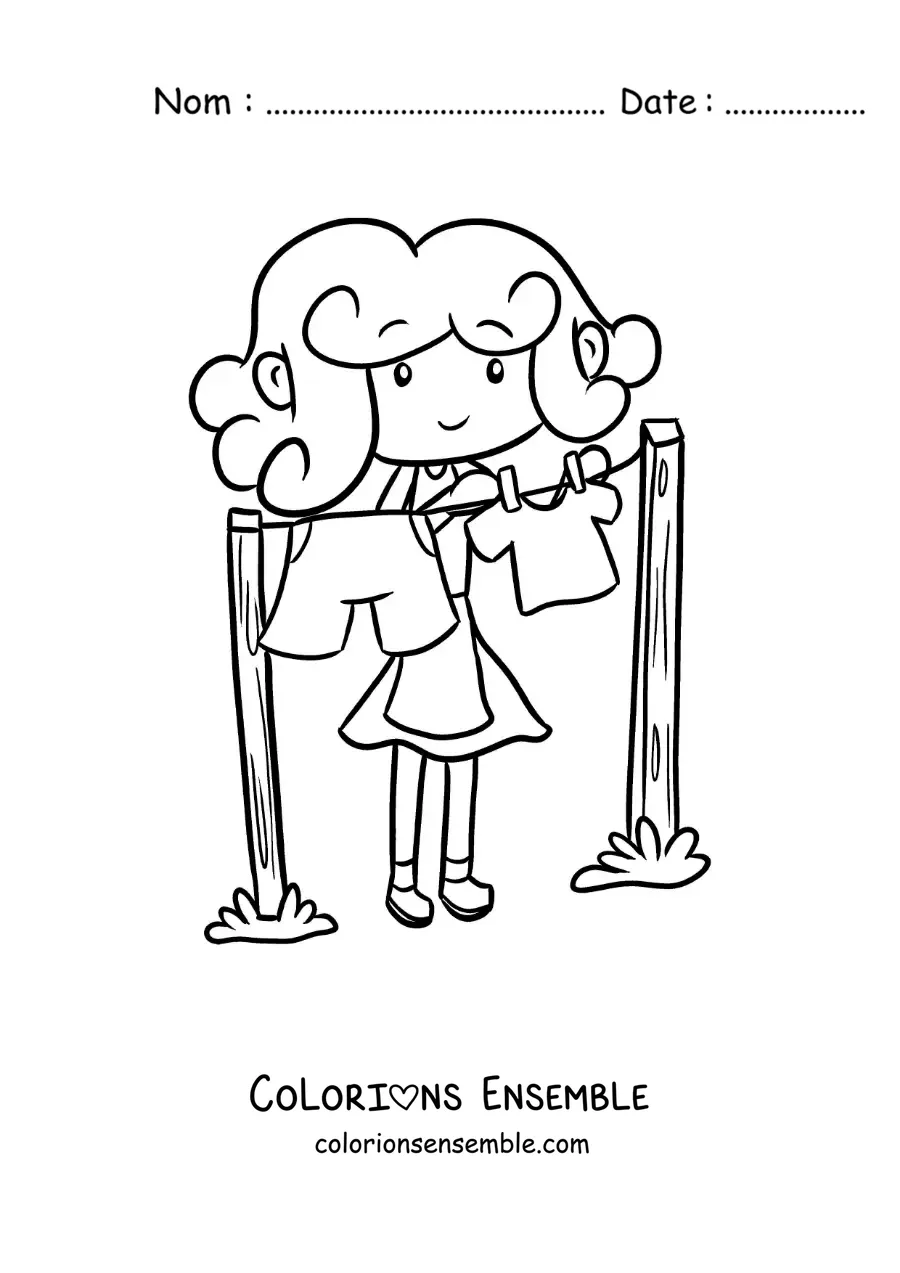 Image à colorier d’une jeune femme en dessin animé suspendant le linge sur une corde à linge