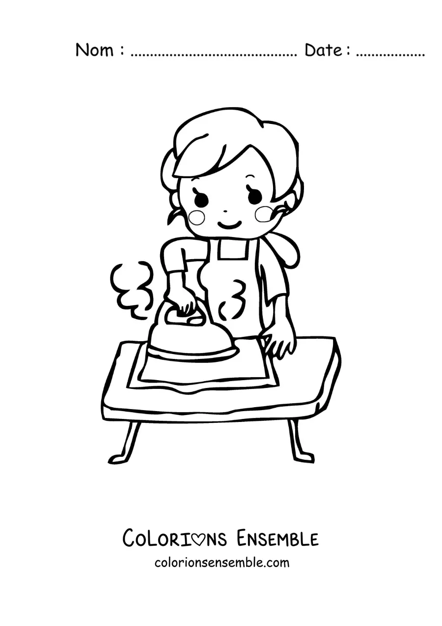 Image à colorier d’une maman kawaii en dessin animé repassant du linge