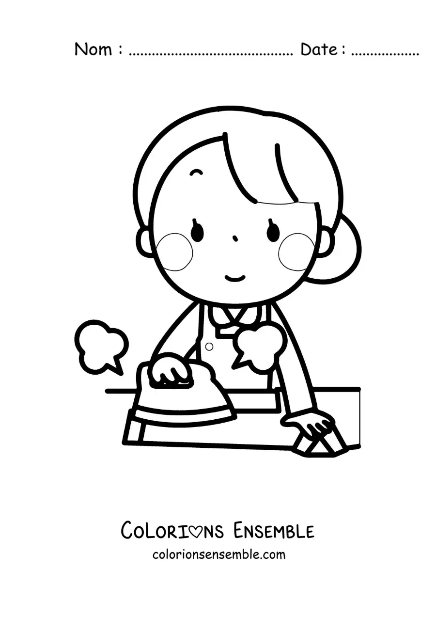 Image à colorier d’une femme kawaii repassant une chemise