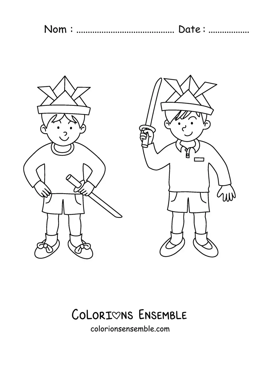 Image à colorier de deux enfants jouant avec des épées en jouet