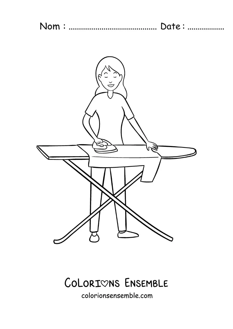 Image à colorier d'une fille repassant une chemise sur une table à repasser