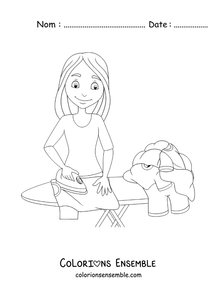 Image à colorier d'une jeune femme repassant du linge sur une table à repasser