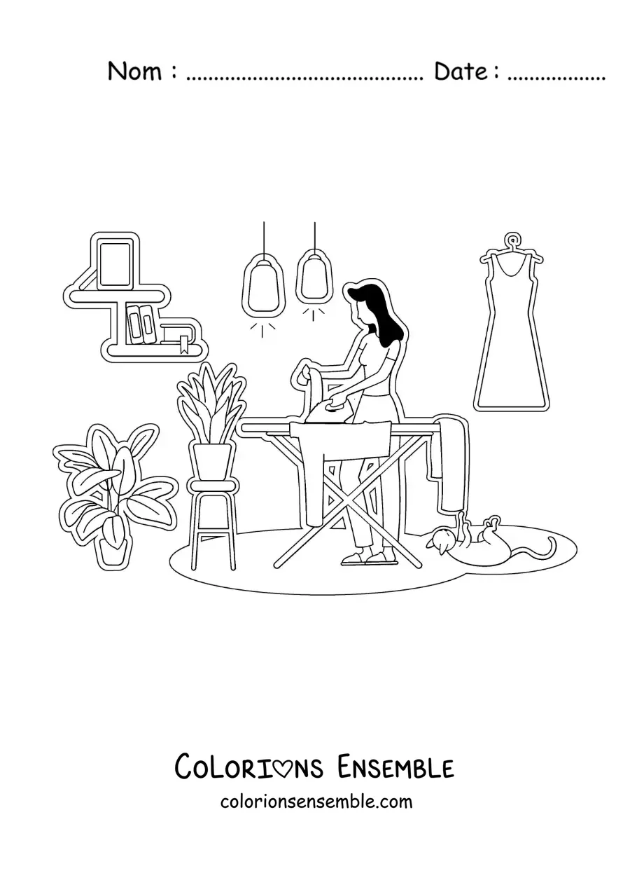 Image à colorier de la silhouette d'une femme repassant du linge à la maison