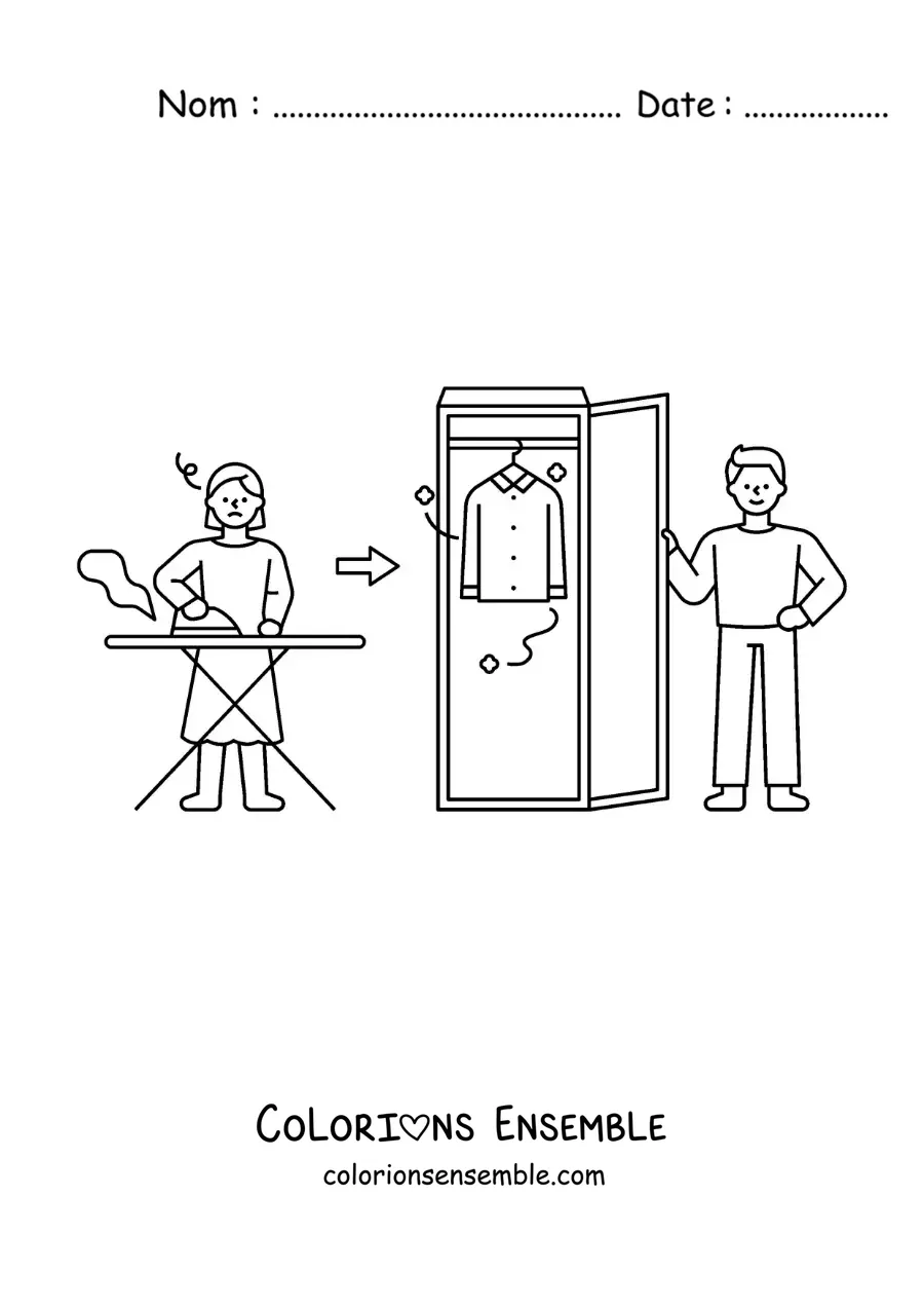 Image à colorier d'une femme repassant du linge à ranger dans l'armoire