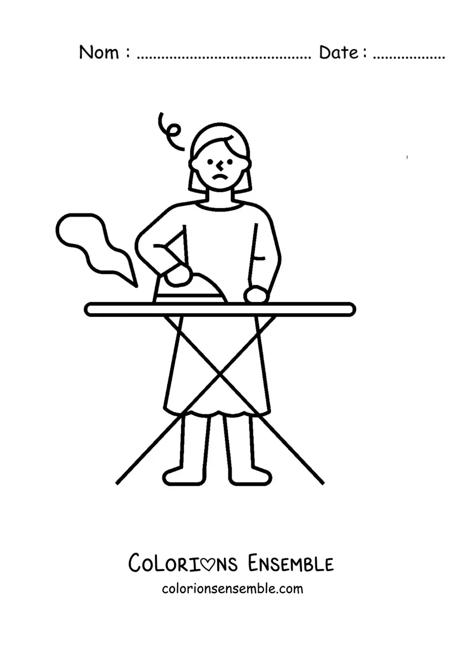 Image à colorier d'une femme repassant du linge sur une table à repasser