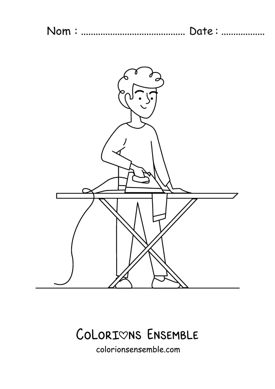 Image à colorier d'un jeune garçon repassant du linge sur une table à repasser