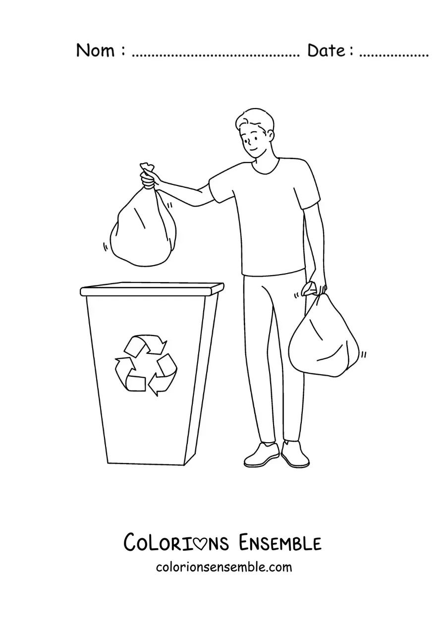 Image à colorier d'un garçon portant des sacs poubelle vers un bac de recyclage