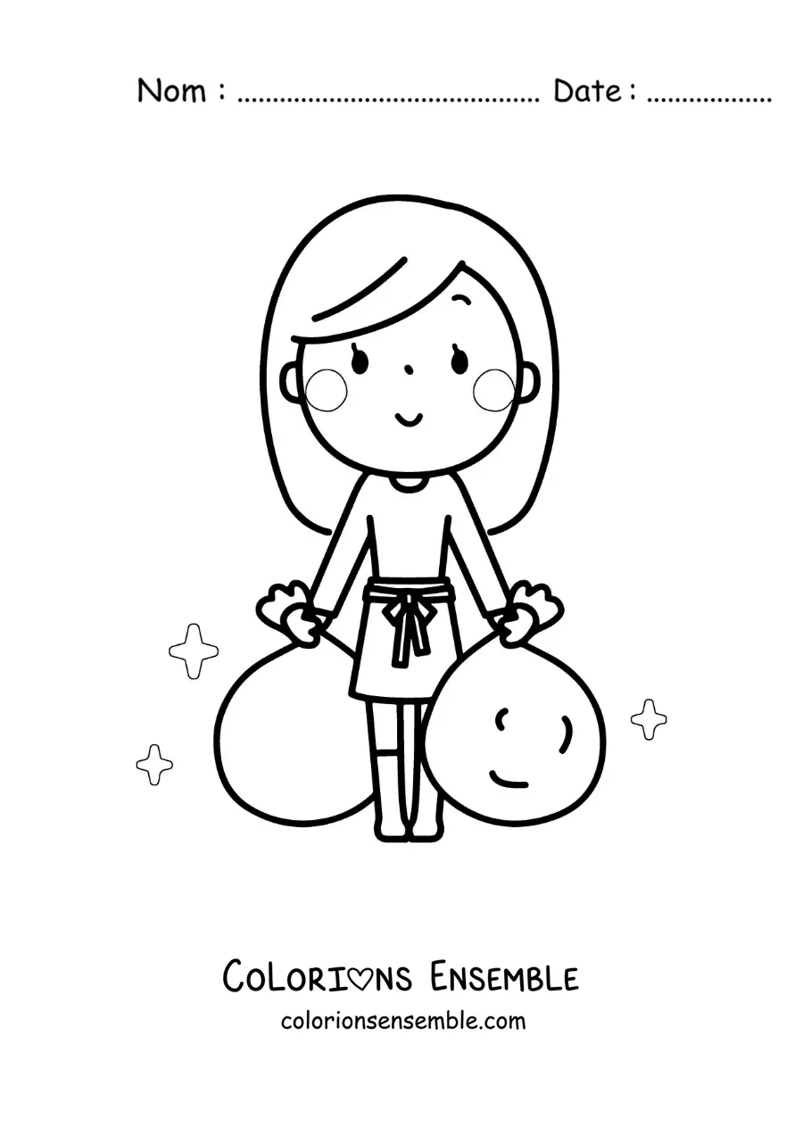 Image à colorier d'une fille sortant les poubelles