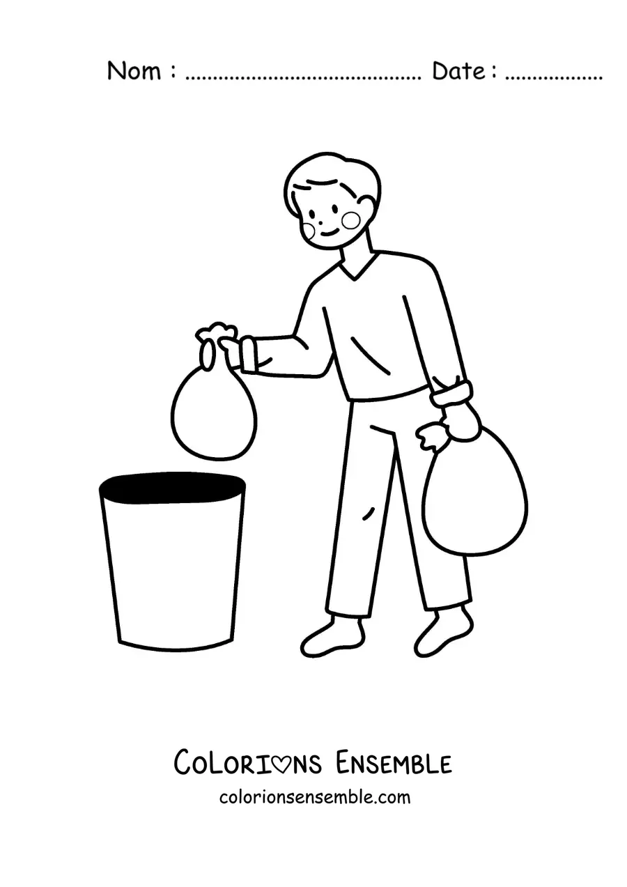 Image à colorier d'un homme sortant les poubelles à la maison