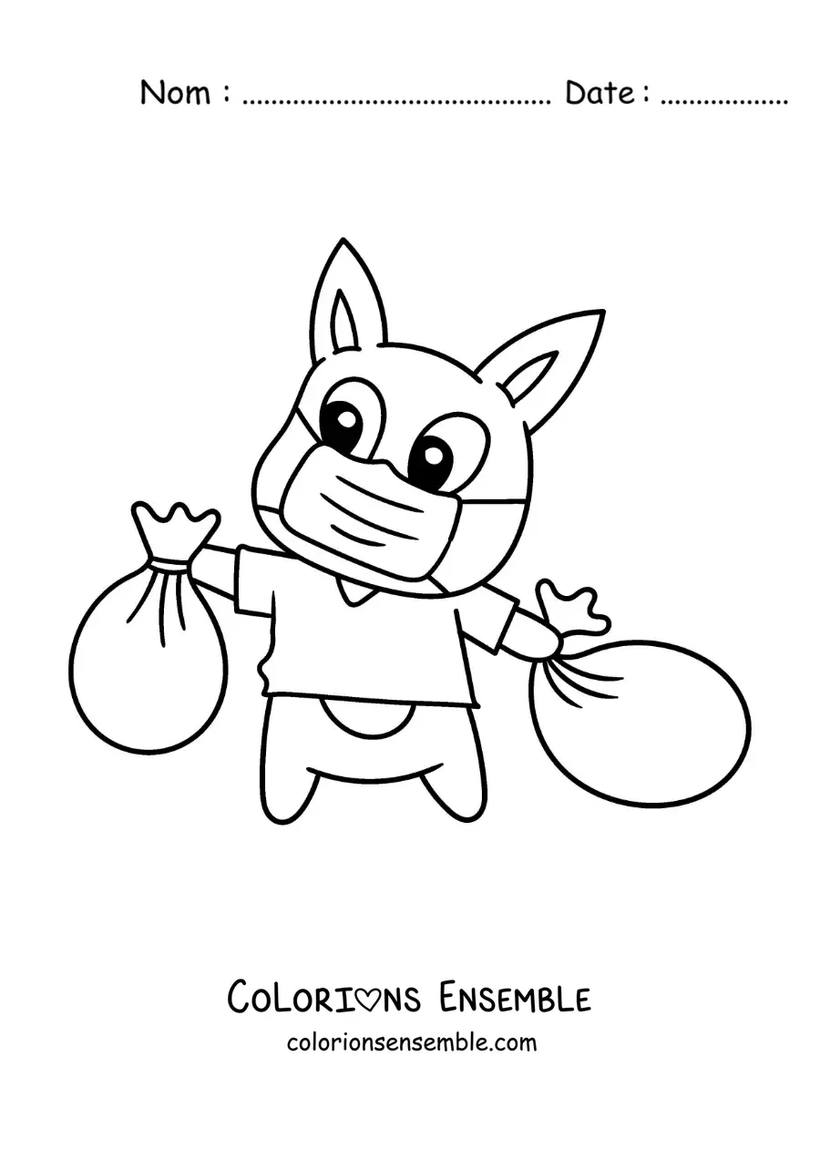 Image à colorier d'un petit cochon animé sortant les poubelles