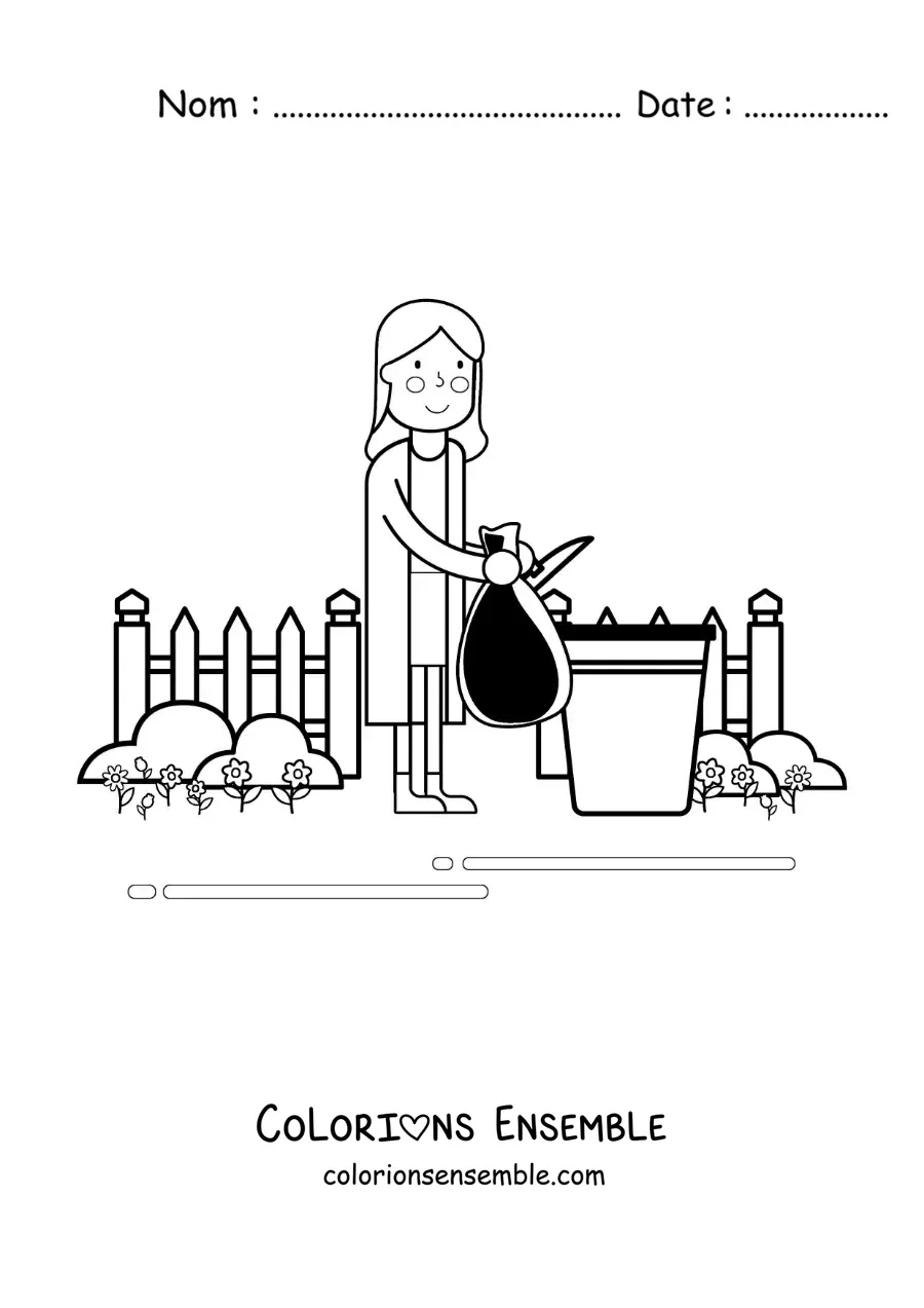 Image à colorier d'une femme jetant un sac poubelle dans le conteneur
