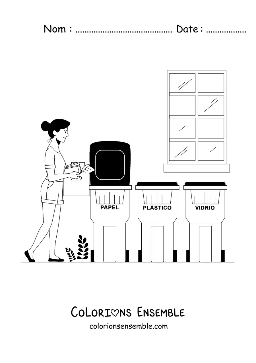 Image à colorier d'une fille apportant des déchets au bac de recyclage