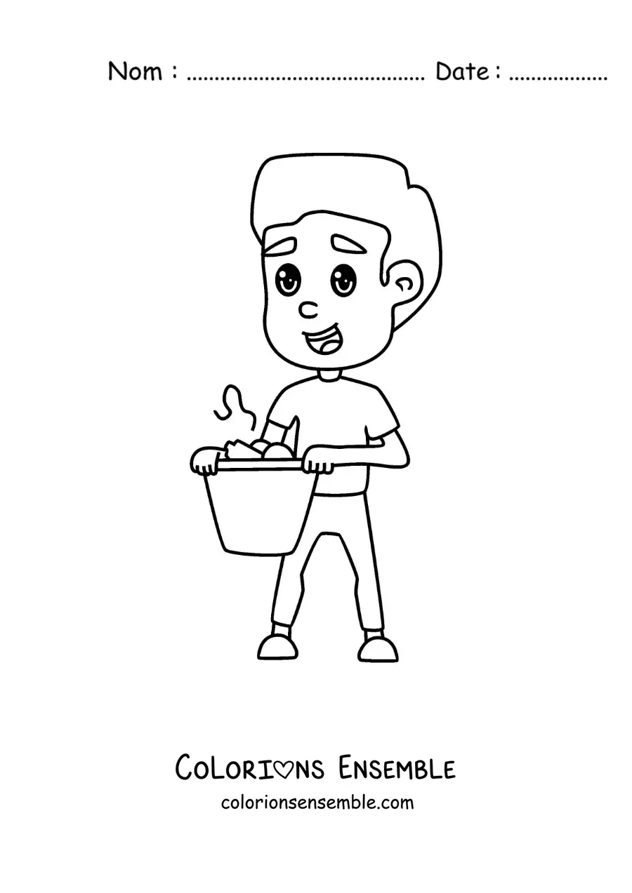 Image à colorier d'un garçon avec une poubelle