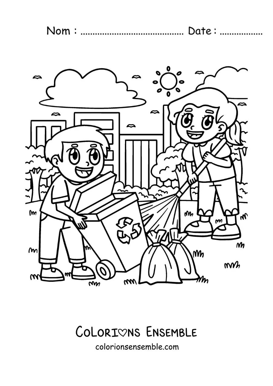 Image à colorier de deux enfants balayant la cour et sortant les poubelles