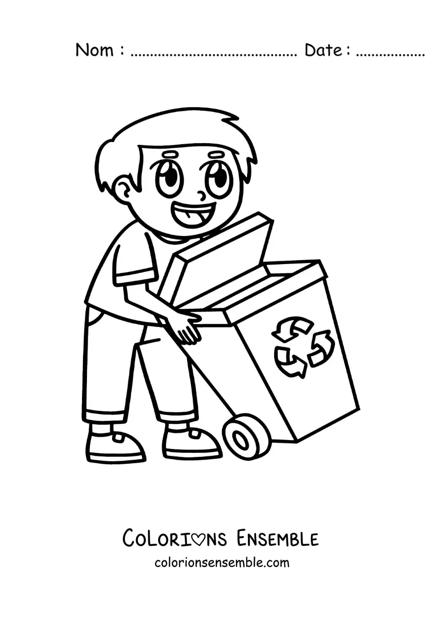Image à colorier d'un garçon portant un bac de recyclage