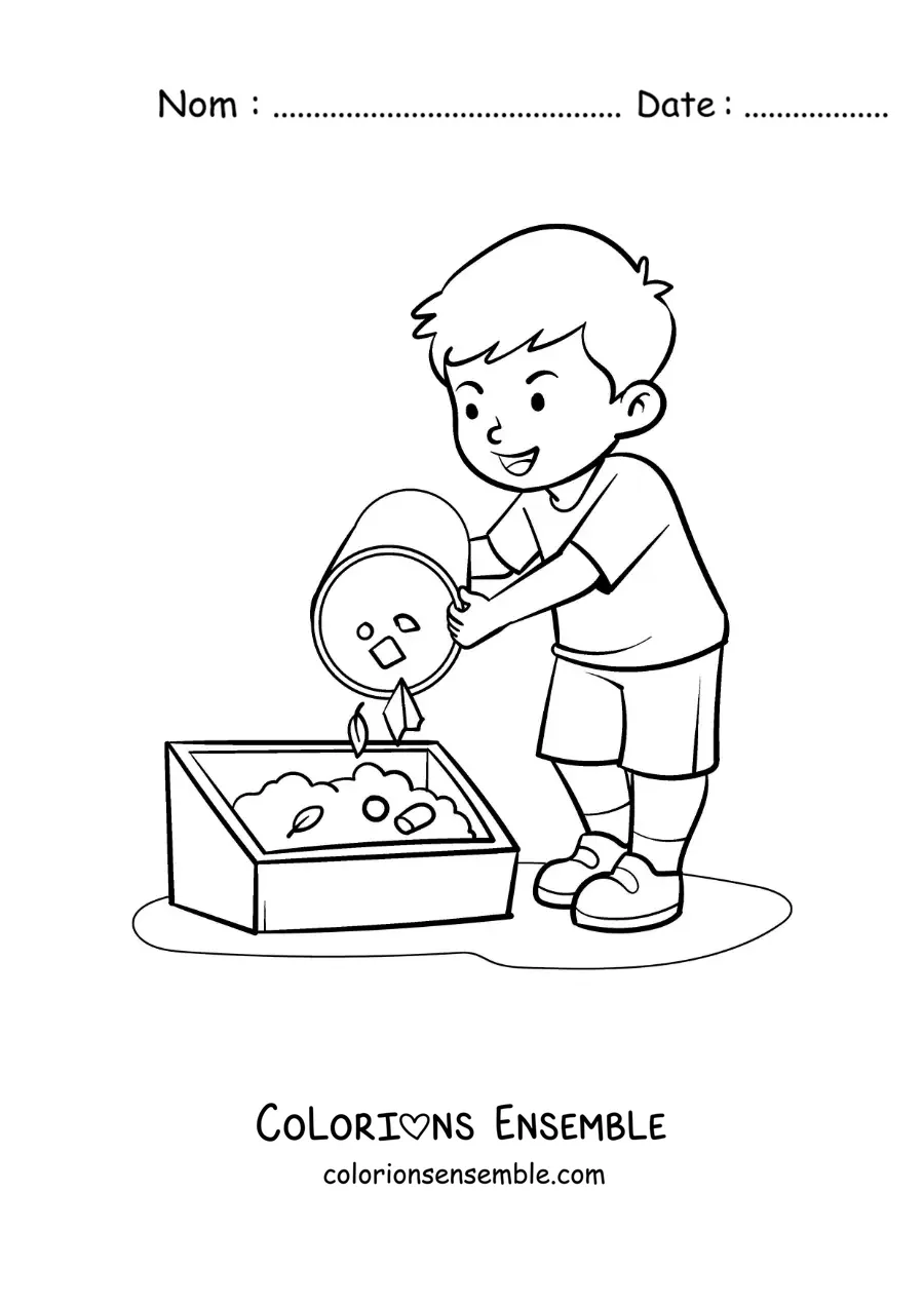 Image à colorier d'un garçon compostant des déchets organiques