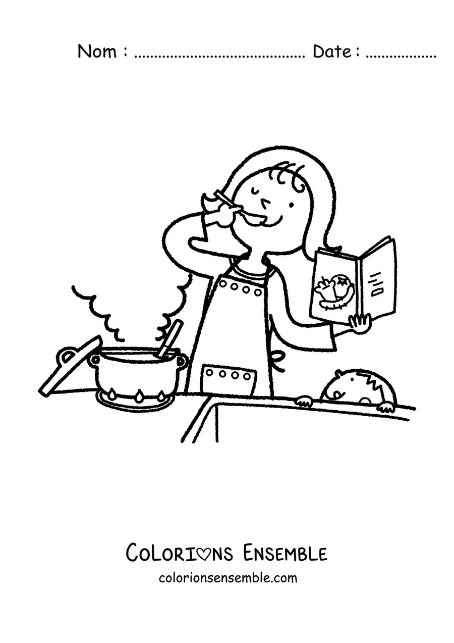 Image à colorier d'une mère cuisinant une recette avec son fils