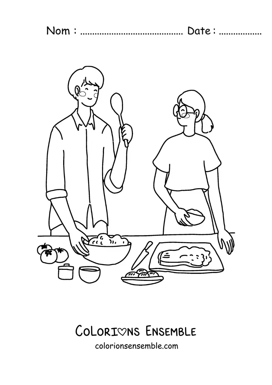 Image à colorier d'un couple cuisinant ensemble