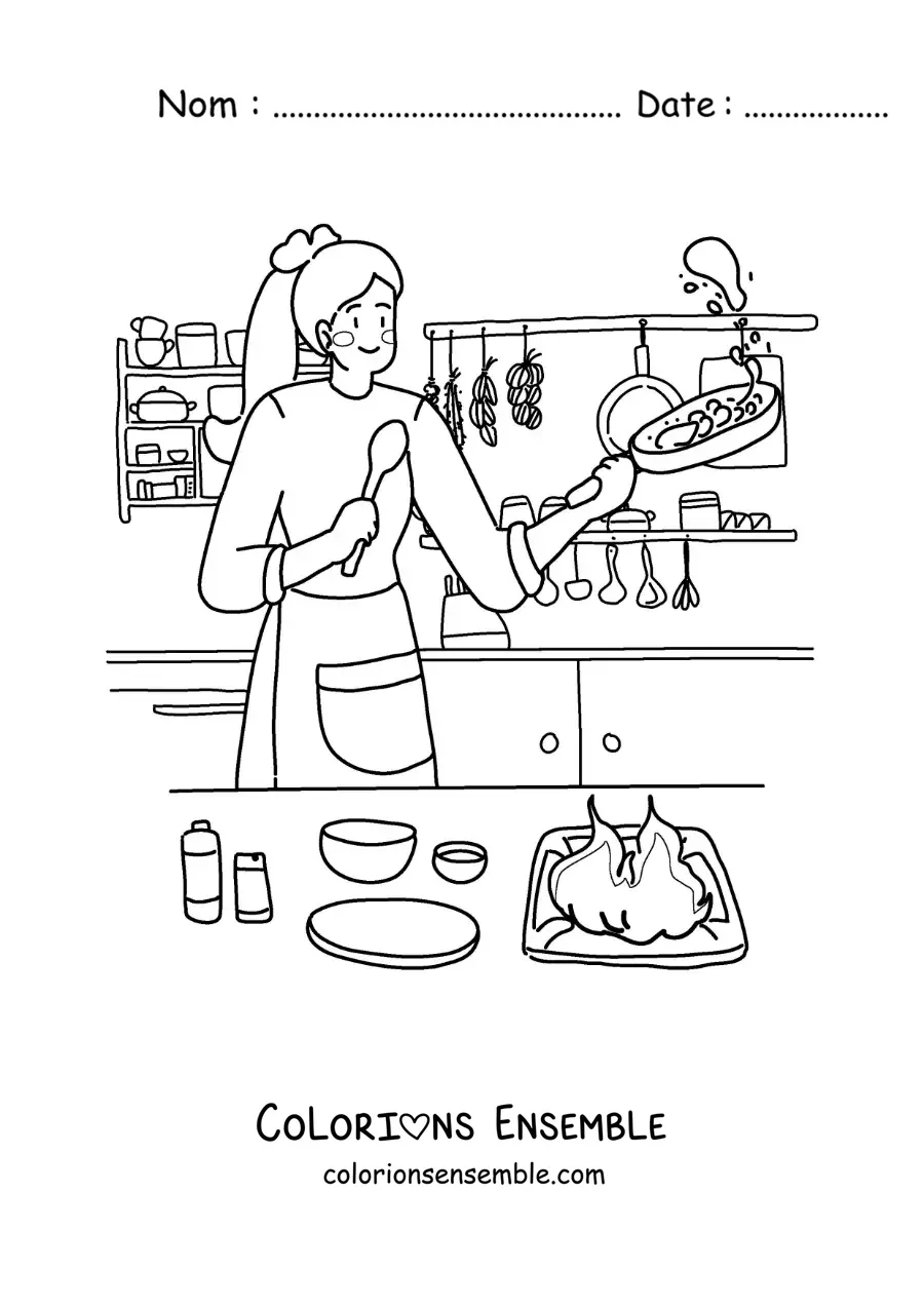 Image à colorier d'une femme cuisinant à la maison