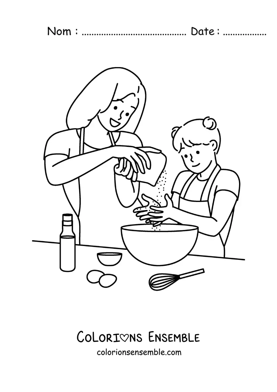 Image à colorier d'une mère cuisinant avec sa fille
