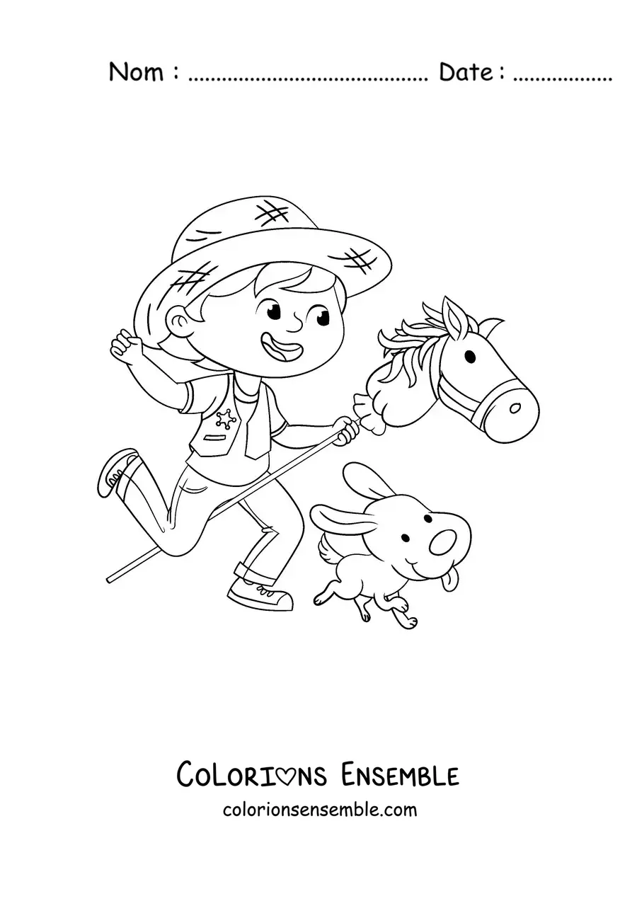 Image à colorier d'un garçon qui joue déguisé en cow-boy