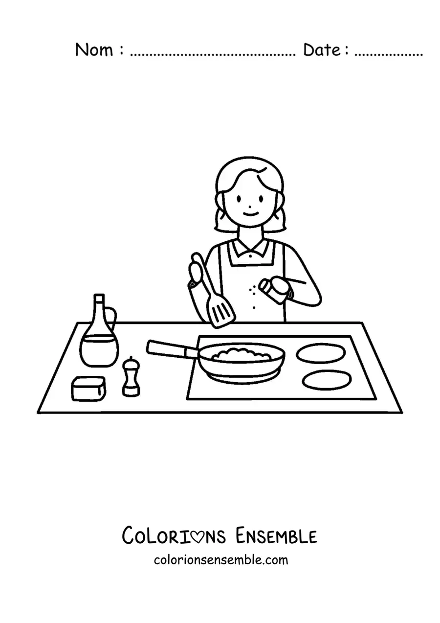 Image à colorier d'une fille cuisinant dans une poêle