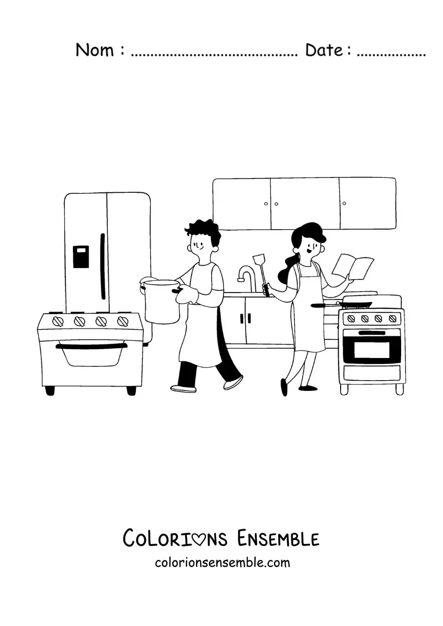 Image à colorier de maman et papa cuisinant à la maison