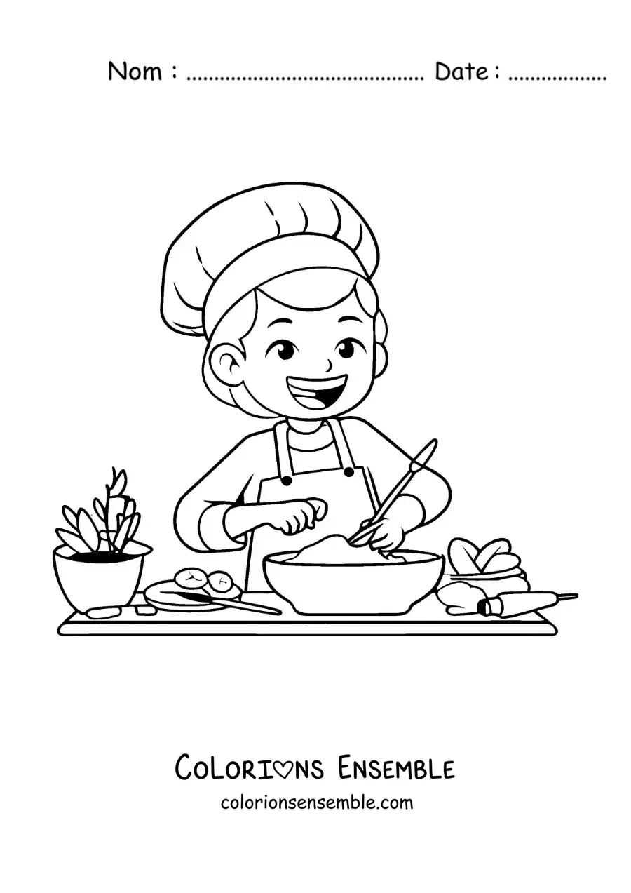 Image à colorier d'une petite fille cuisinant avec une toque de chef