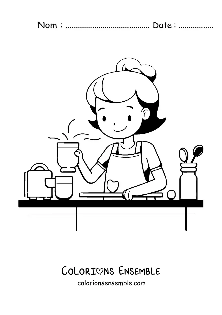Image à colorier d'une petite fille cuisinant à la maison