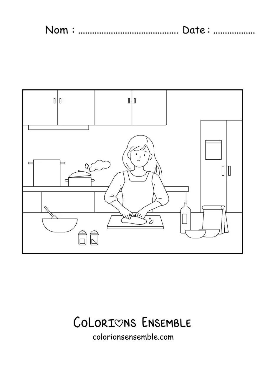 Image à colorier d'une mère cuisinant dans la cuisine