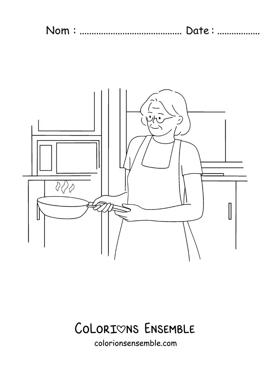 Image à colorier d'une grand-mère cuisinant dans une poêle dans la cuisine