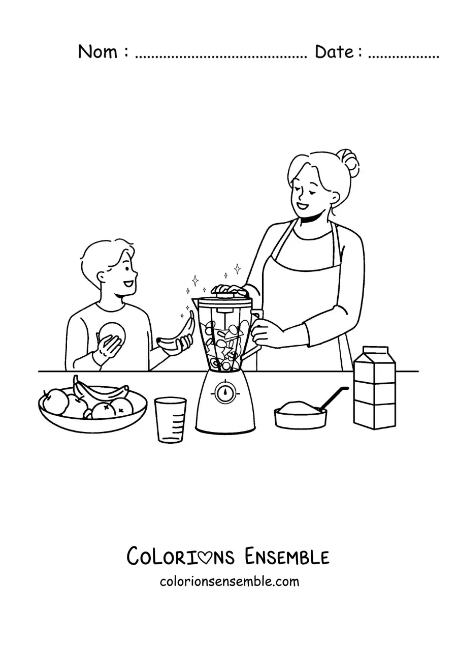 Image à colorier d'une maman et de son fils préparant un smoothie au mixeur