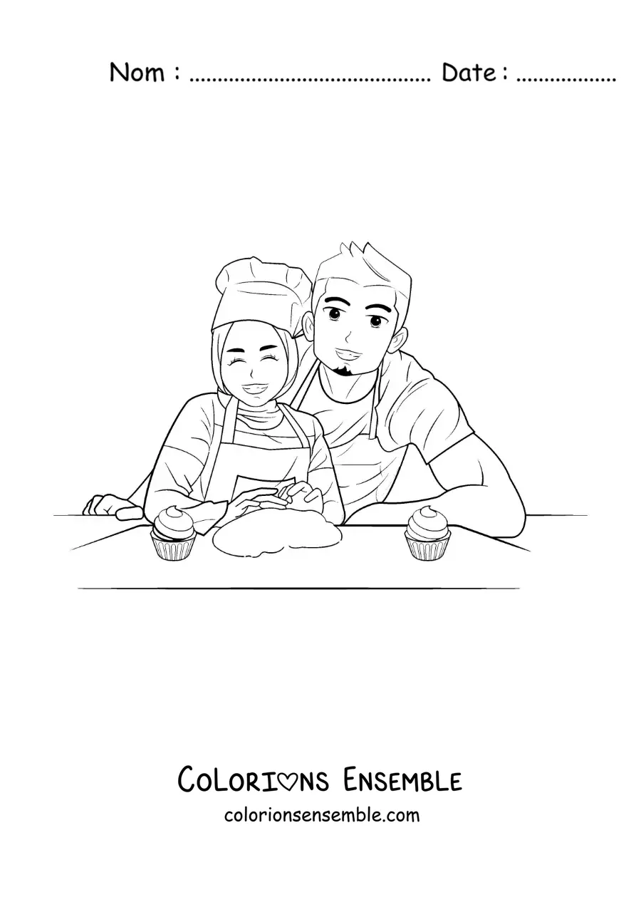 Image à colorier d'un papa et de sa fille portant un hijab préparant des desserts